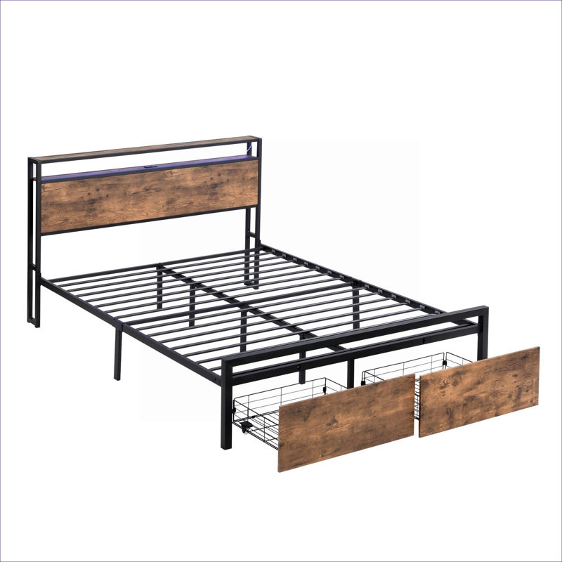 Storage-Focused Industrial Queen Platform Bed, LED Lights and Charging Station, MDF and Steel Build, Jet Black and Brown