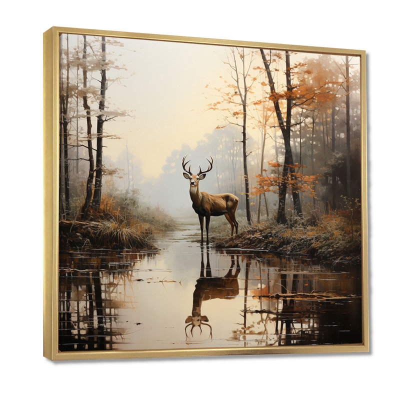 «Animal Deer Misty Morning II», impressions sur toile, 44" H x 44" W, Cadre flottant doré