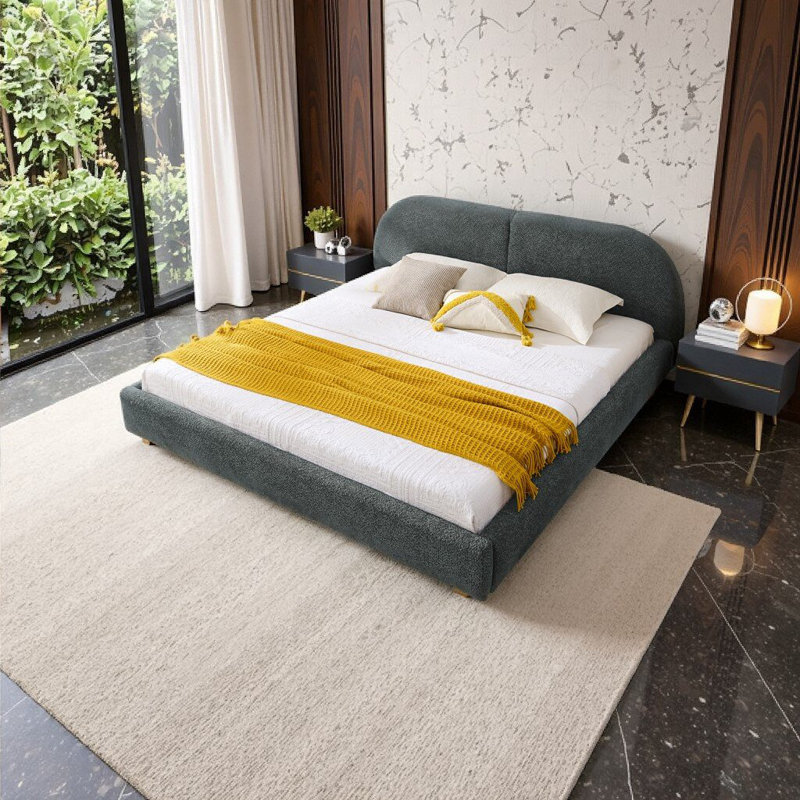 Très grande base de lit tapissier très grand style minimaliste moderne avec tête de lit courbée gris foncé, Gris foncé