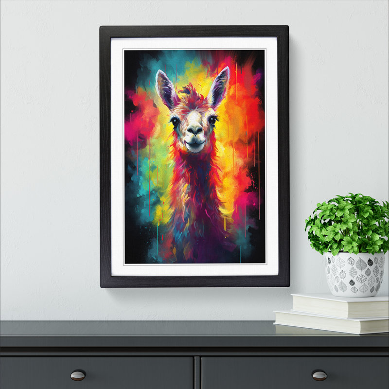 Llama Romanticism - Single Picture Frame Print on Wood, 64cm H x 46cm W x 2cm D, Black Framed