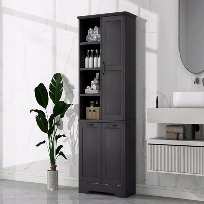 Bathroom Storage Cabinet With Doors And Drawers, Tilt-Out Laundry Hamper, Multiple Storage Space, Freestanding Style, Open Shelves, Adjustable Shelves
