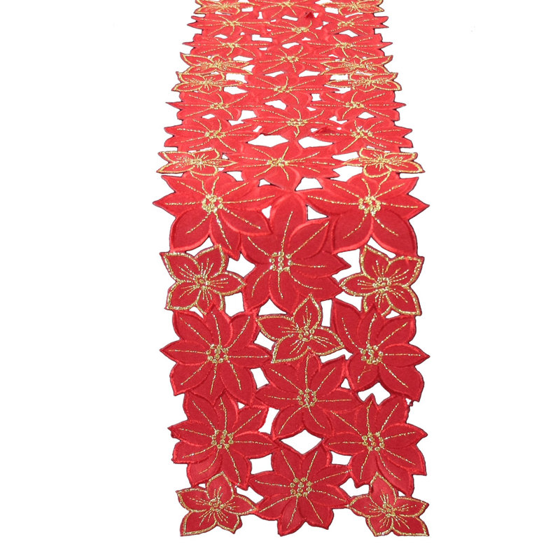 Festive Poinsettia Embroidered Cutwork Holiday Table Runner, 62" L x 8" W
