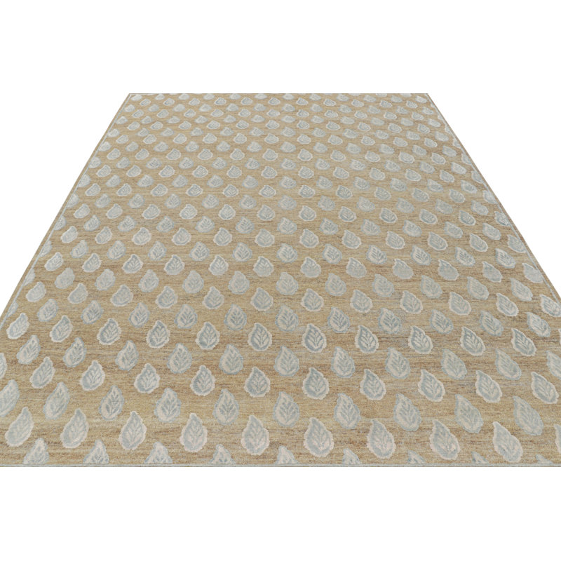 Rug & Kilim’S Modern Block Print Rug In Beige With White And Blue Floral Pattern, Rectangle 10' x 14'