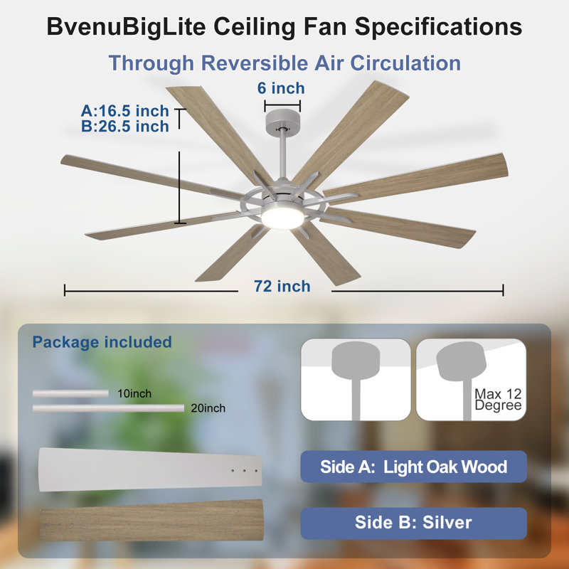 Ventilateur de plafond de 183 cm (72 pouces) avec éclairage, style moderne, 8 pales, finition argent et bois, pour intérieur et extérieur, avec télécommande, éclairage à intensité variable, moteur CC silencieux et réversible, minuterie à 6 vitesses.
