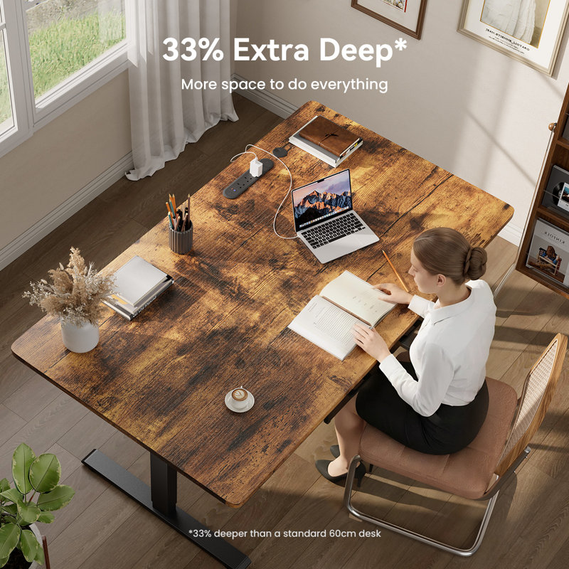 Adjustable Height Steel Standing Desk with Built-In Electrical Outlet, 160cm W x 80cm D, Brown/Black