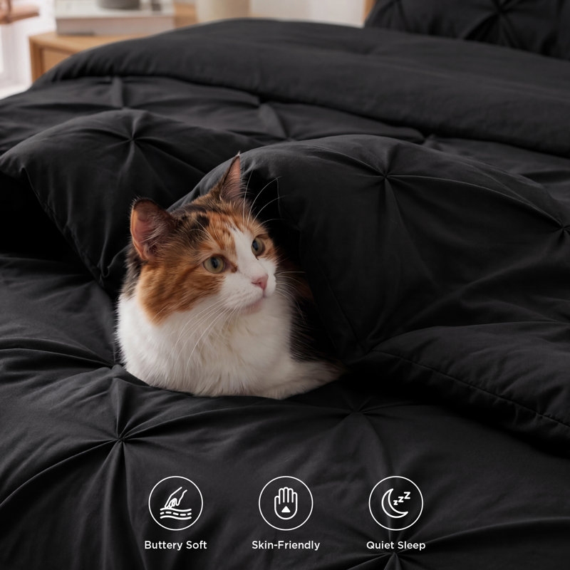 Bedsure Full Pintuck Bed-in-a-Bag- Black Pinch Pleat Comforter with Sheets, Pillowcases & Shams, Black