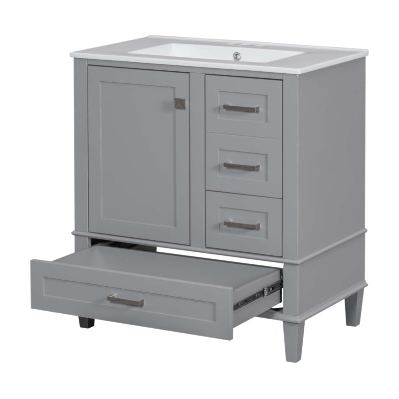 Meuble-lavabo moderne de 30 po avec lavabo, structure en bois massif gris, porte à fermeture en douceur et 3 tiroirs pour un rangement élégant