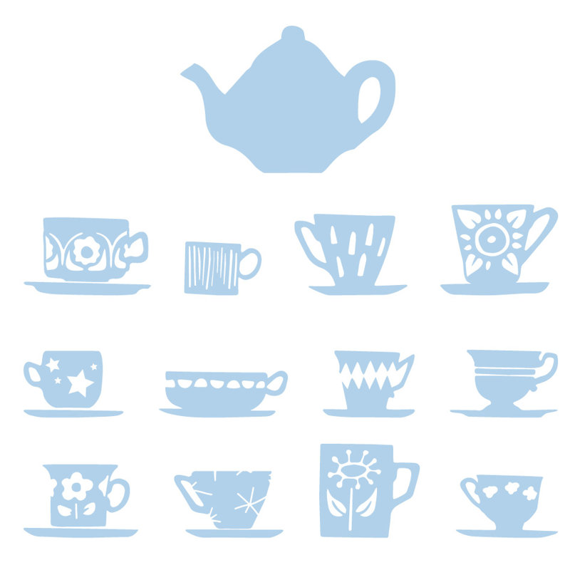 Décalcomanie murale tasses de thé, Bleu poudré, H 32 po x l 33 po x P 0,01 po