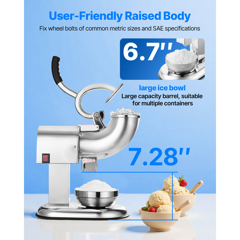 Broyeur à glace, machine à granita électrique 4 lames, 200 kg/h, 350 W, 1400 tr/min, pour usage domestique et professionnel, entièrement en acier inoxydable avec bol et couvercle, couleur argent.