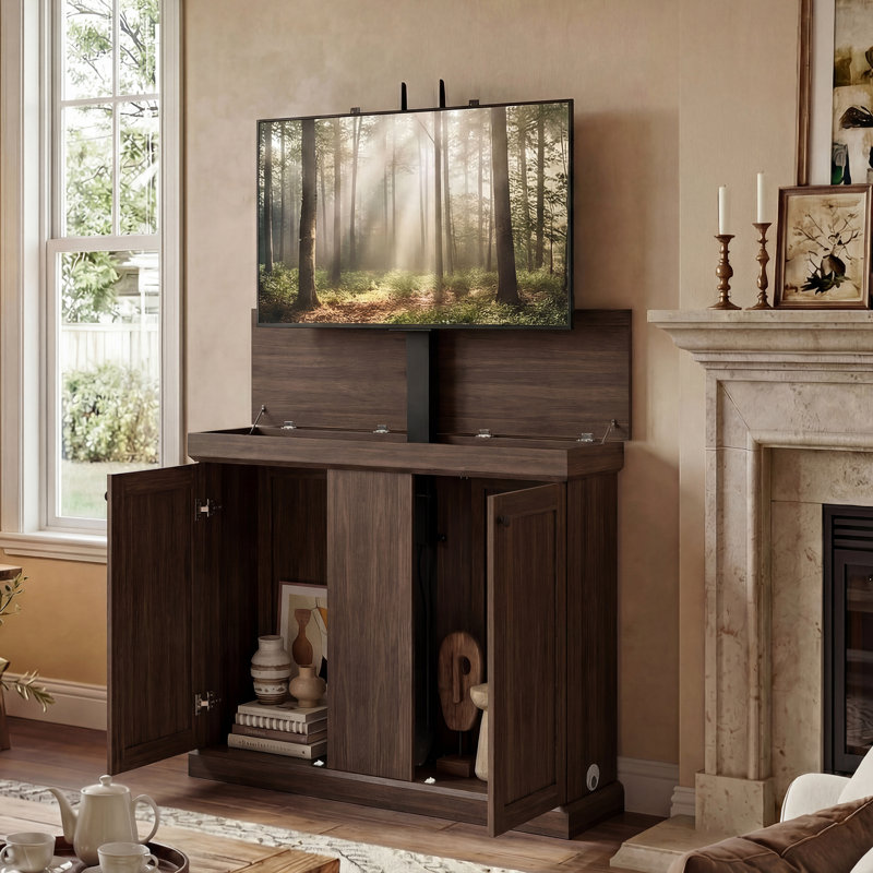 50" Painted Automatic TV Lift Cabinet,TV Stand With Remote Control And Safety Stopper, Brown