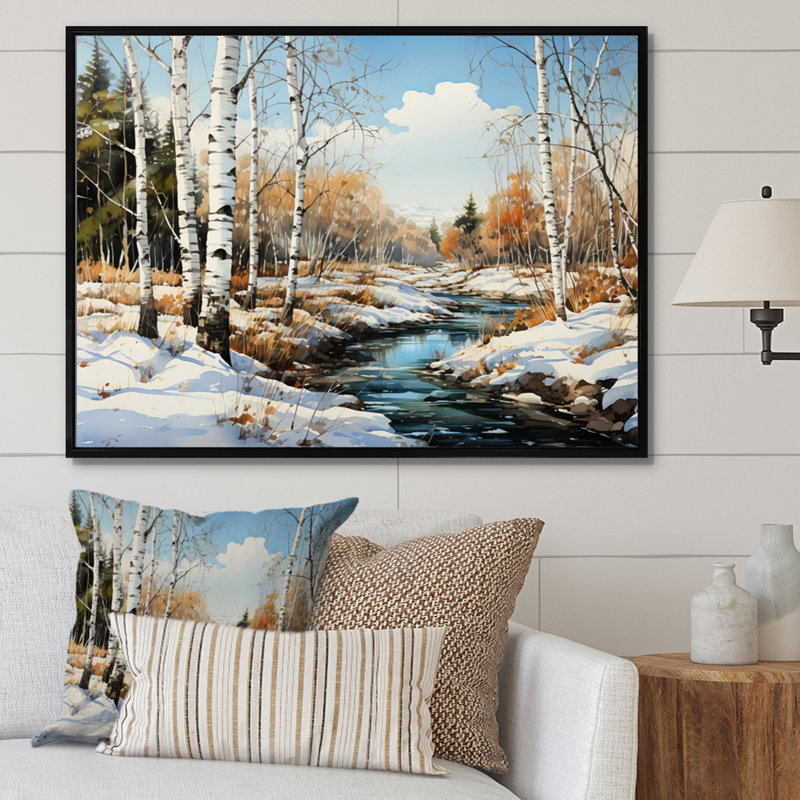 Birch Woods Winter Whispers III - Imprimé, H 12 po x l 20 po x P 1 po, Cadre flottant noir