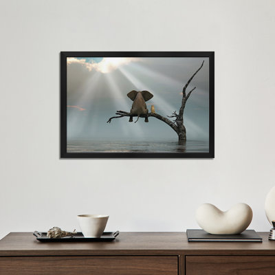 Elephant And Dog Are Sitting On A Tree Fleeing A Flood Premium Framed Poster by Mike Kiev