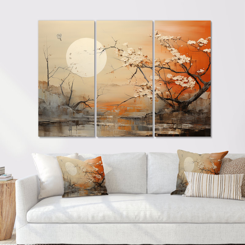 Lune sur tangerine au crépuscule paysage - ensemble de salon d'art mural chinois, Toile tendue, H 40 po x l 60 po x P 1 po