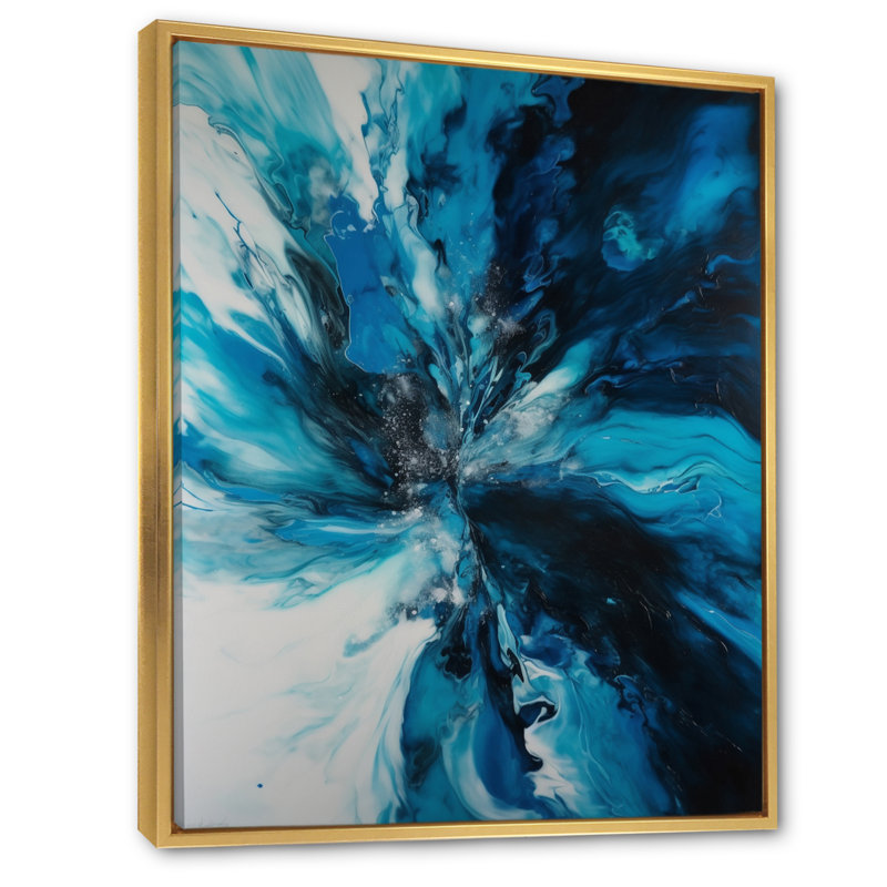 Marbre chromatique bleu et noir sur toile, Cadre flottant doré, H 44 po x l 34 po x P 1,5 po