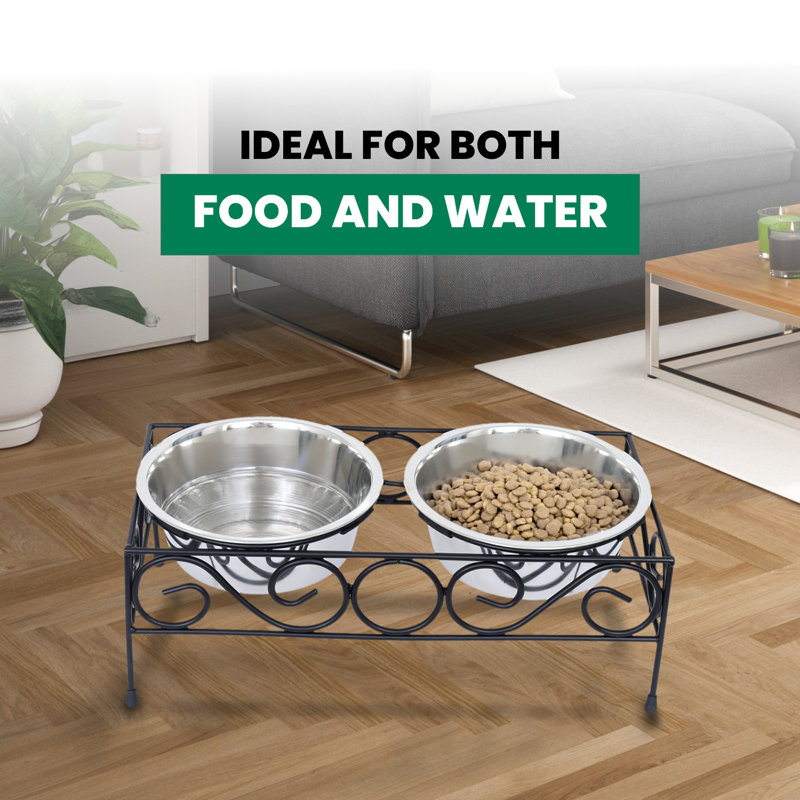 Elevated Black Wrought Iron Double Diner with Stainless Steel Bowls