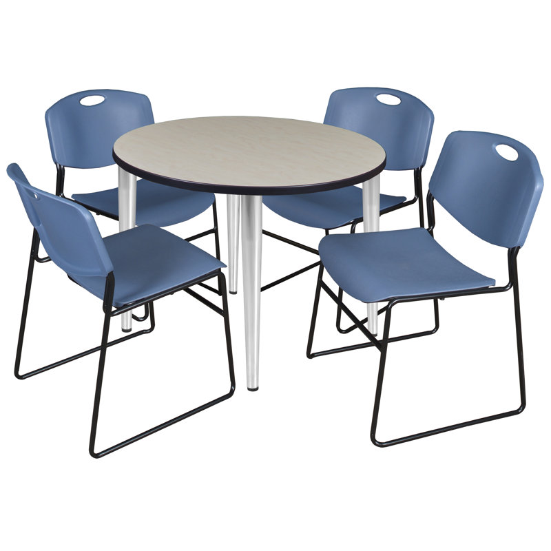 Plateau rond Kahlo, base chromée et 4 chaises empilables Zeng, Érable / chrome / bleu