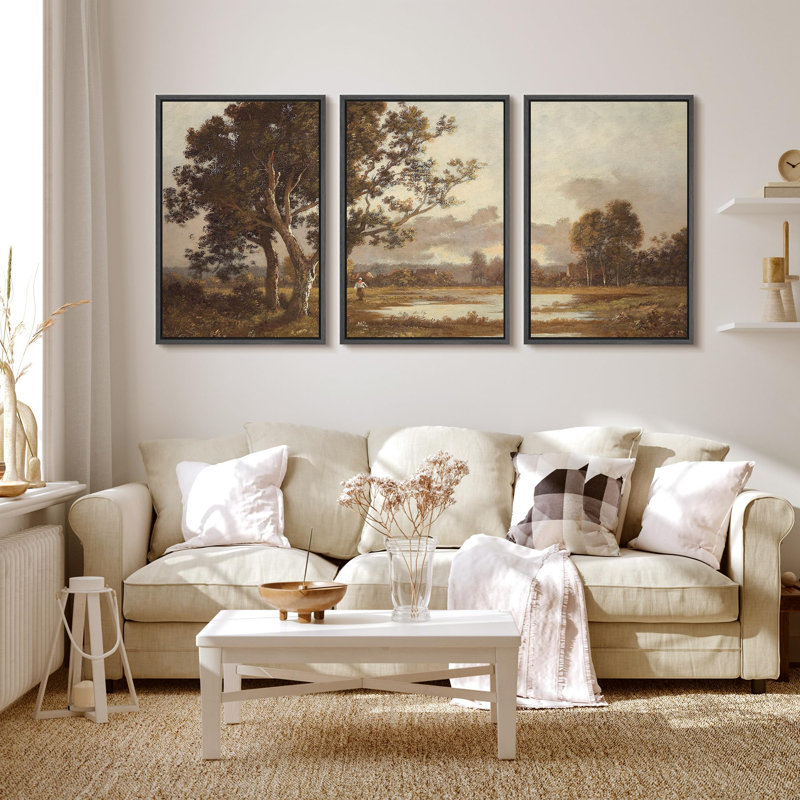 «Rurale, idylle, au bord du lac, arbres et paysage pastoral, Illustration de la nature, décor», 3 pièces sur toile