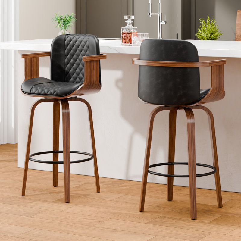 26'' High-back Swivel Bar Stool With Footrest Set Of 2, Black, 2