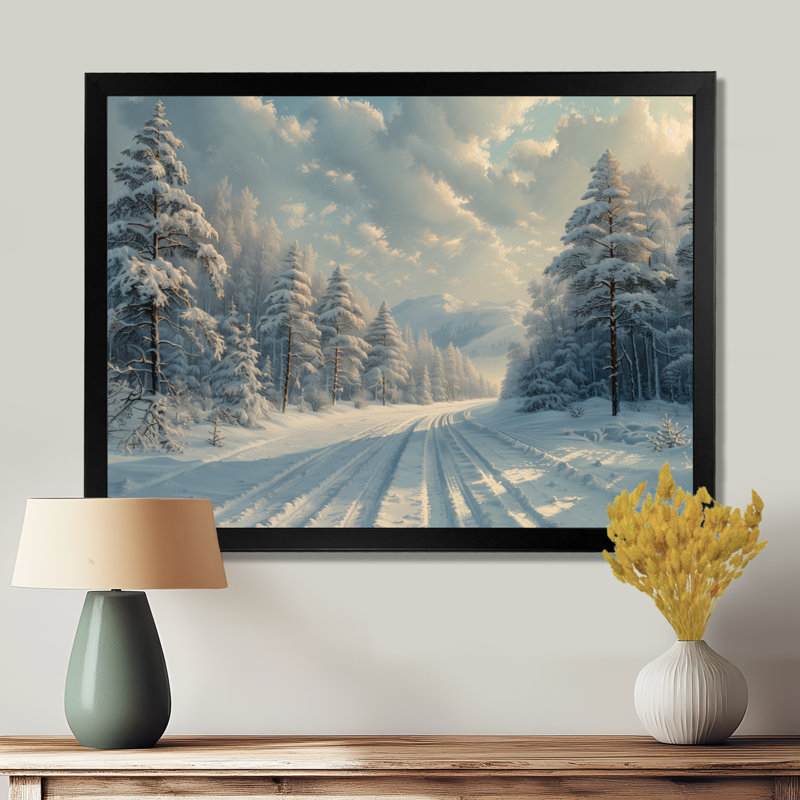 «White Gray Winter Road Into Forest II», art mural paysage d'hiver, Cadre simple noir, H 12 po x l 20 po