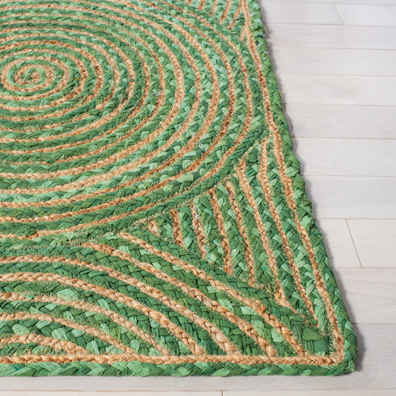 Handmade Green and Natural Geometric Jute Area Rug, 3' x 5'