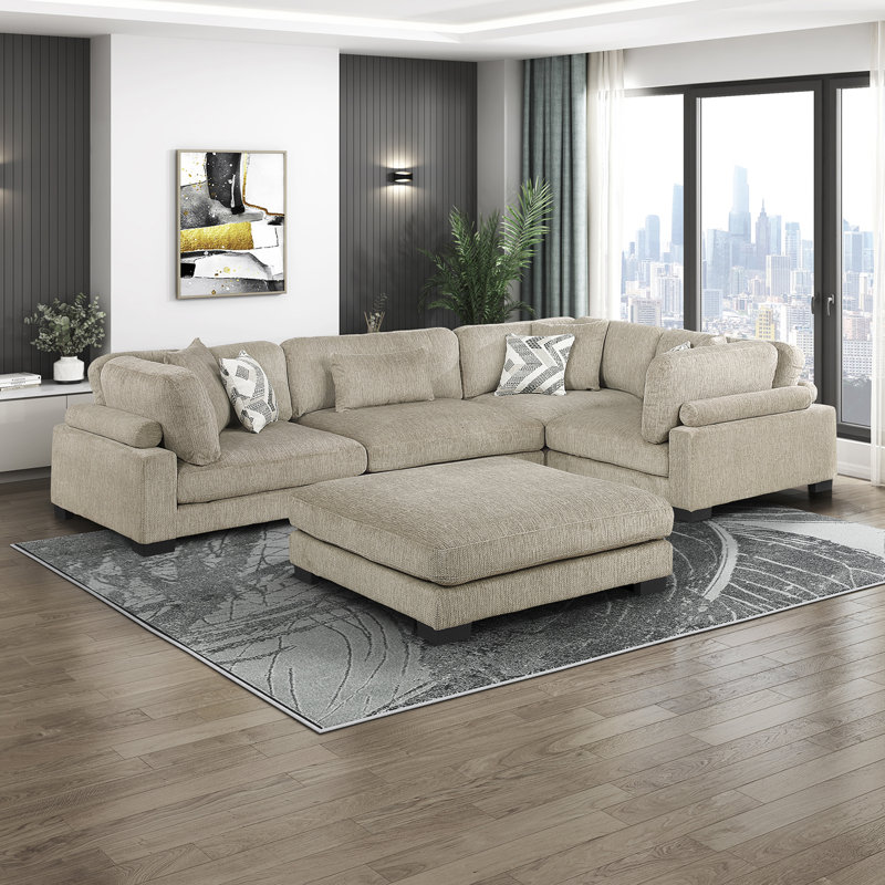 Subair 135" Modern 5-Piece Modular Sectional Sofa with Ottoman, Textured Microfiber Upholstery & Superior Foam over Pocket Coils Comfort