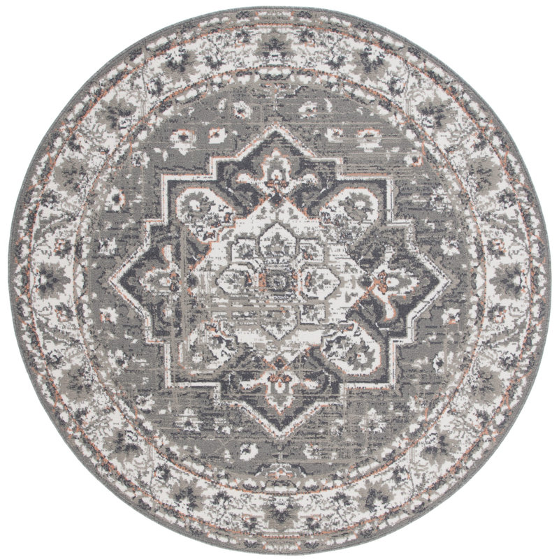 Tapis oriental gris en polypropylène tissé à la machine Martay, Rond 6 pi 7 po