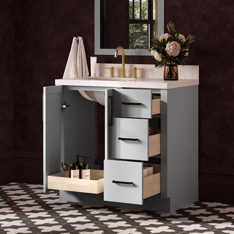 Meuble-lavabo de salle de bain avec lavabo ovale simple décalé à gauche de 91 cm (36 po) et comptoir en quartz blanc de Carrare de 3,8 cm (1,5 po) d'épaisseur, couleur grise.