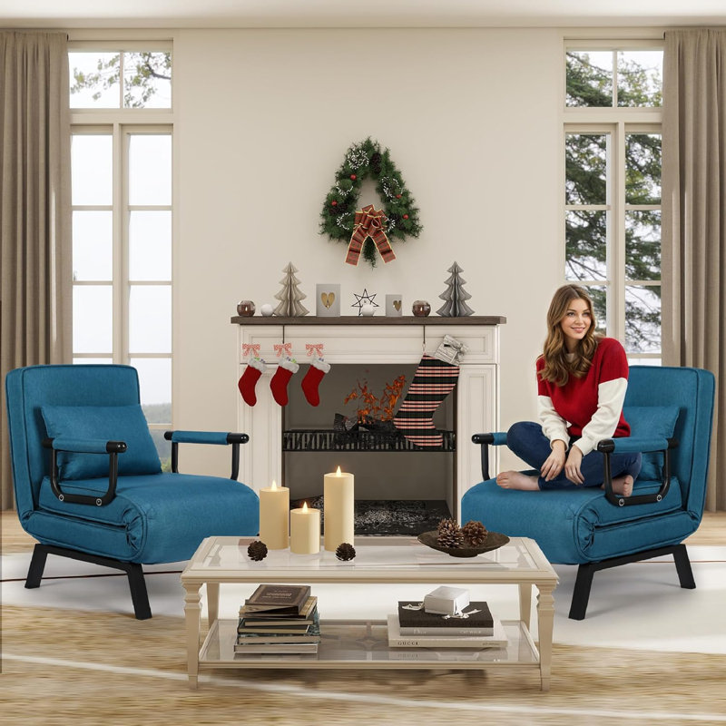 21.6" Convertible Chair Bed Sleeper With 5-Position Adjustable Backrest & Pillow, Blue