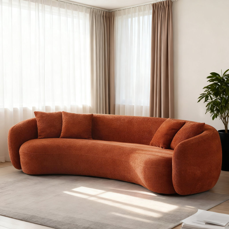 Yazgur Boneless 93.6" Curved Modern Upholstered Sofa, Blue Boucle, 26.9" H x 102.36" W x 48.8" D