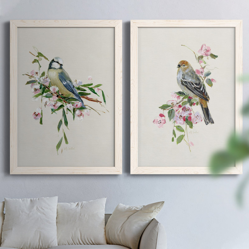 «Spring Song Blue Bird», ensemble de 2 peintures sur toile encadrées, Blanc, H 20 po x l 34 po x P 1,5 po