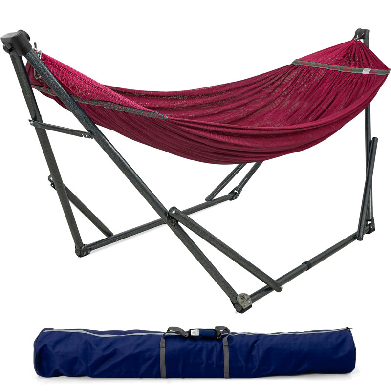  Support de hamac réglable, hamac de camping pliable et support, support de hamac double pour 2 personnes d'une capacité de 600 lb, support pliant robuste et silencieux pour la vie active, sac de transport inclus, rouge