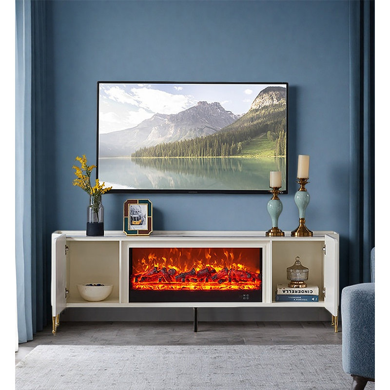 Console de luxe à cannelures avec foyer encastré, meuble multimédia blanc avec rangement