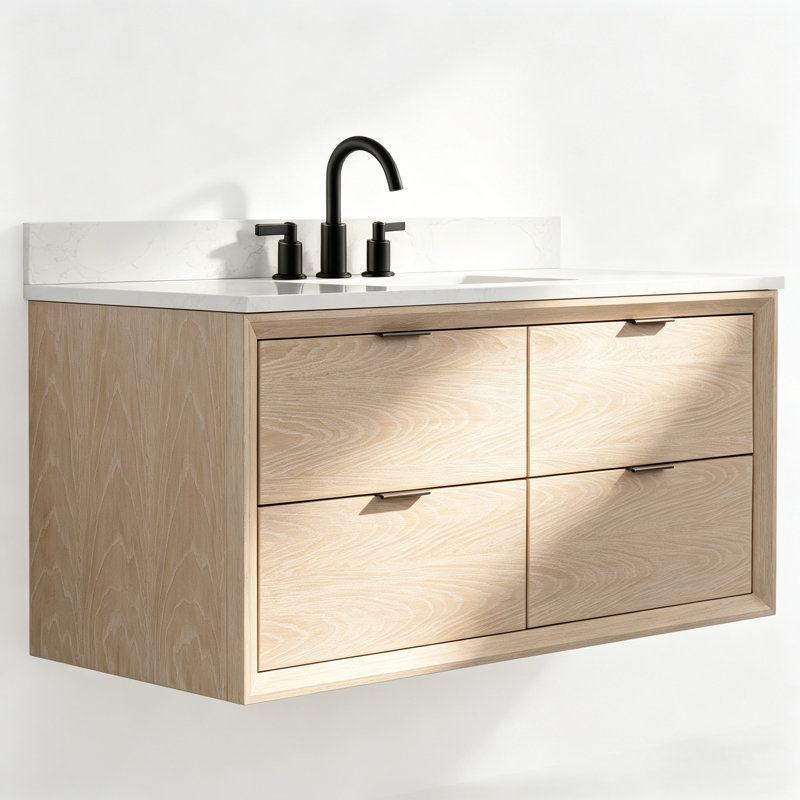 48" Transitional Floating Natural Oak Bath Vanity with Engineered Marble Top, White Washed Oak