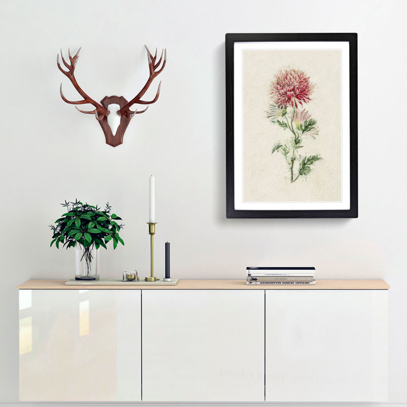 Illustration of Pink Chrysanthemums - Picture Frame Painting Print, 36cm H x 27cm W x 2cm D, Black Framed
