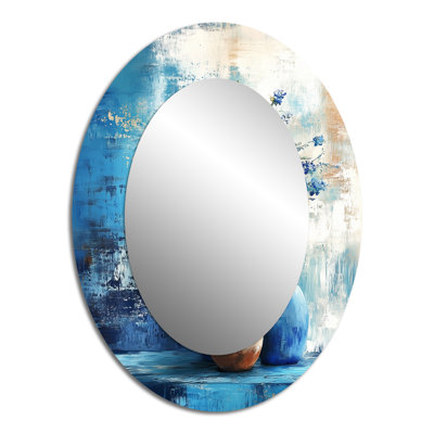 Blue And White Contemporary Boho Pottery II - Blue Bohemian Oval Wall Mirror