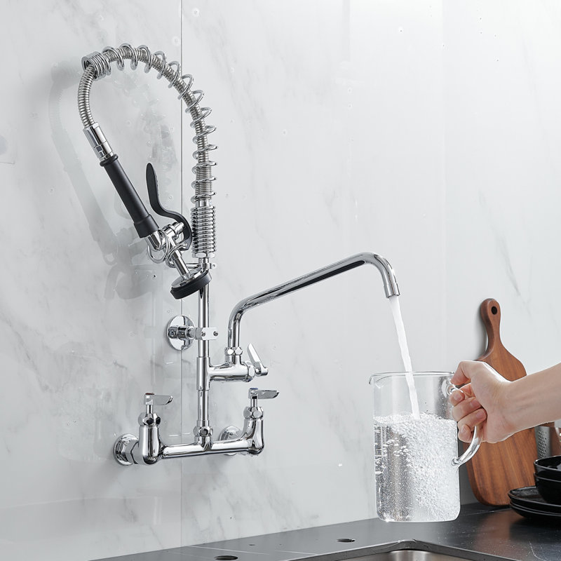 Robinet de cuisine commercial à fixation sur le comptoir avec pulvérisateur de pré-rinçage, robinet d'évier de cuisine, centre de 8 pouces avec robinet à bec pivotant de 10 po et douchette extractible à ressort hélicoïdal
