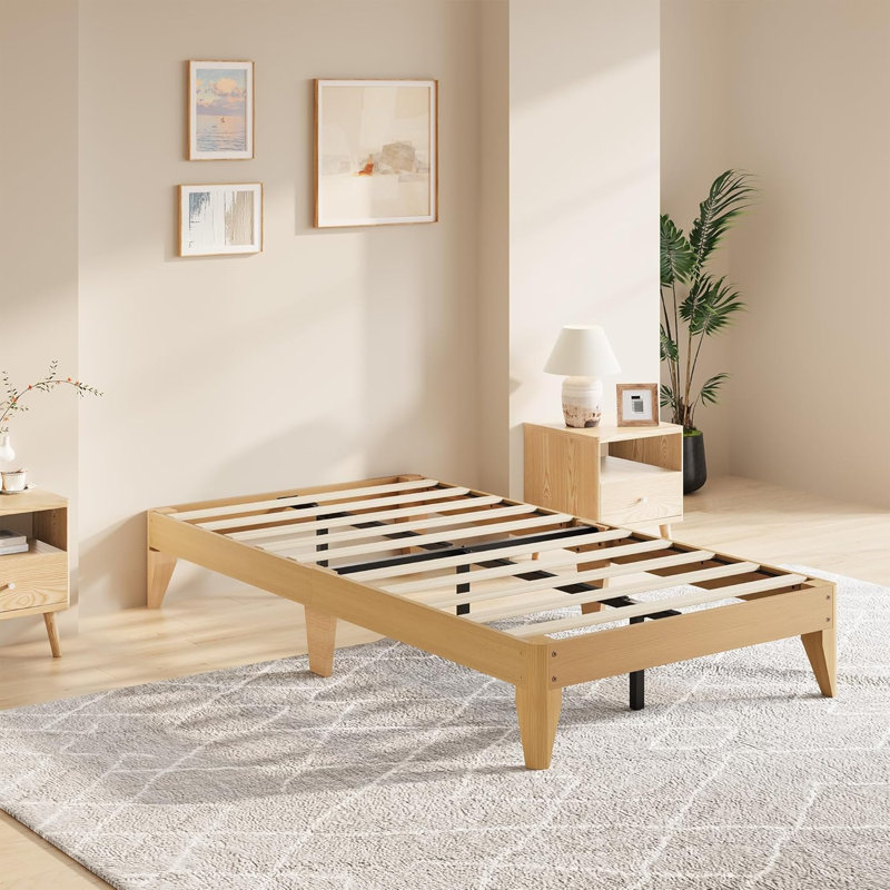 Base de lit plateforme simple en bois, pieds et support en lattes de bois, structure centrale en métal robuste, aucun sommier requis, assemblage facile, bois naturel