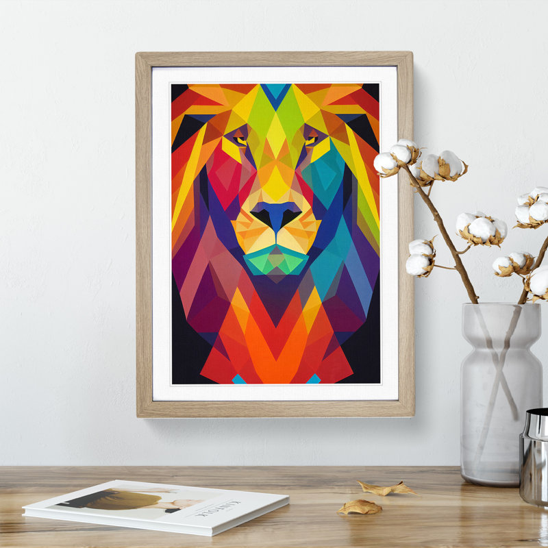 XV1022-57X A Geometric Lion Abstract 1 Piece Single Picture Frame Wall Art, 64cm H x 46cm W x 2cm D, Oak