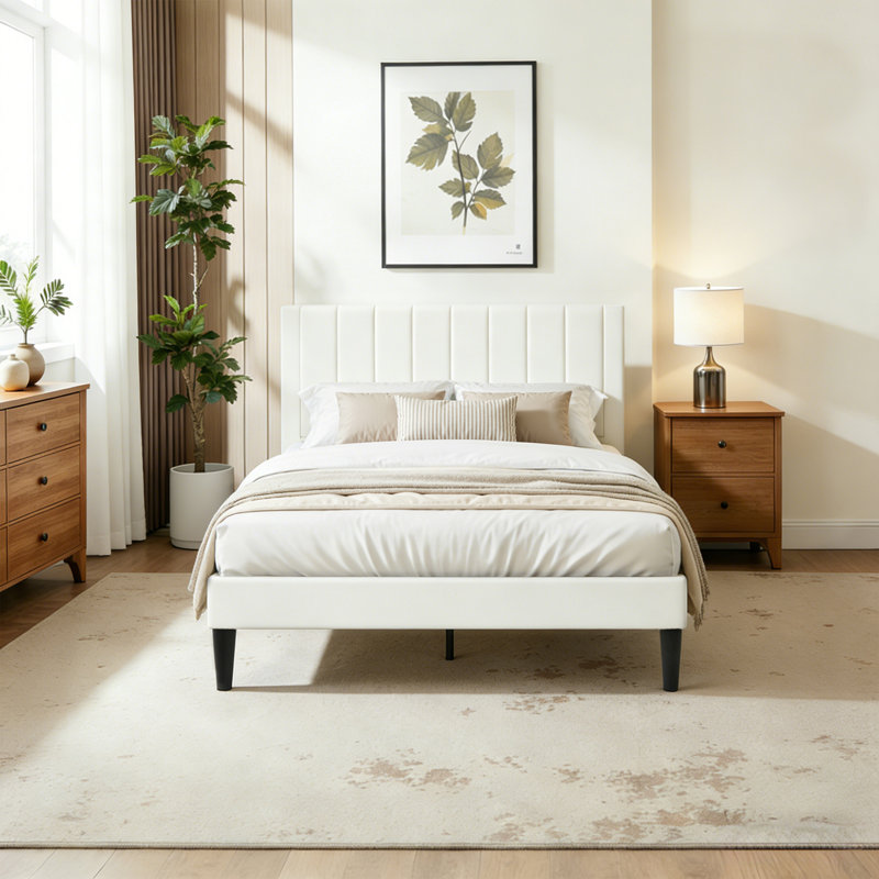 Modern Upholstered Platform Bed With Seamless Headboard, No Box Spring Needed, Full Size, Queen Size, King Size, Full, White