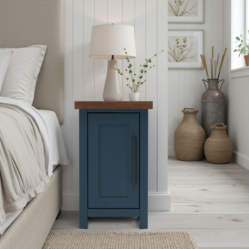 Table de chevet 14 pouces Brixham, aucun assemblage requis, finition deux tons, Plateau en bois brun foncé / base bleue
