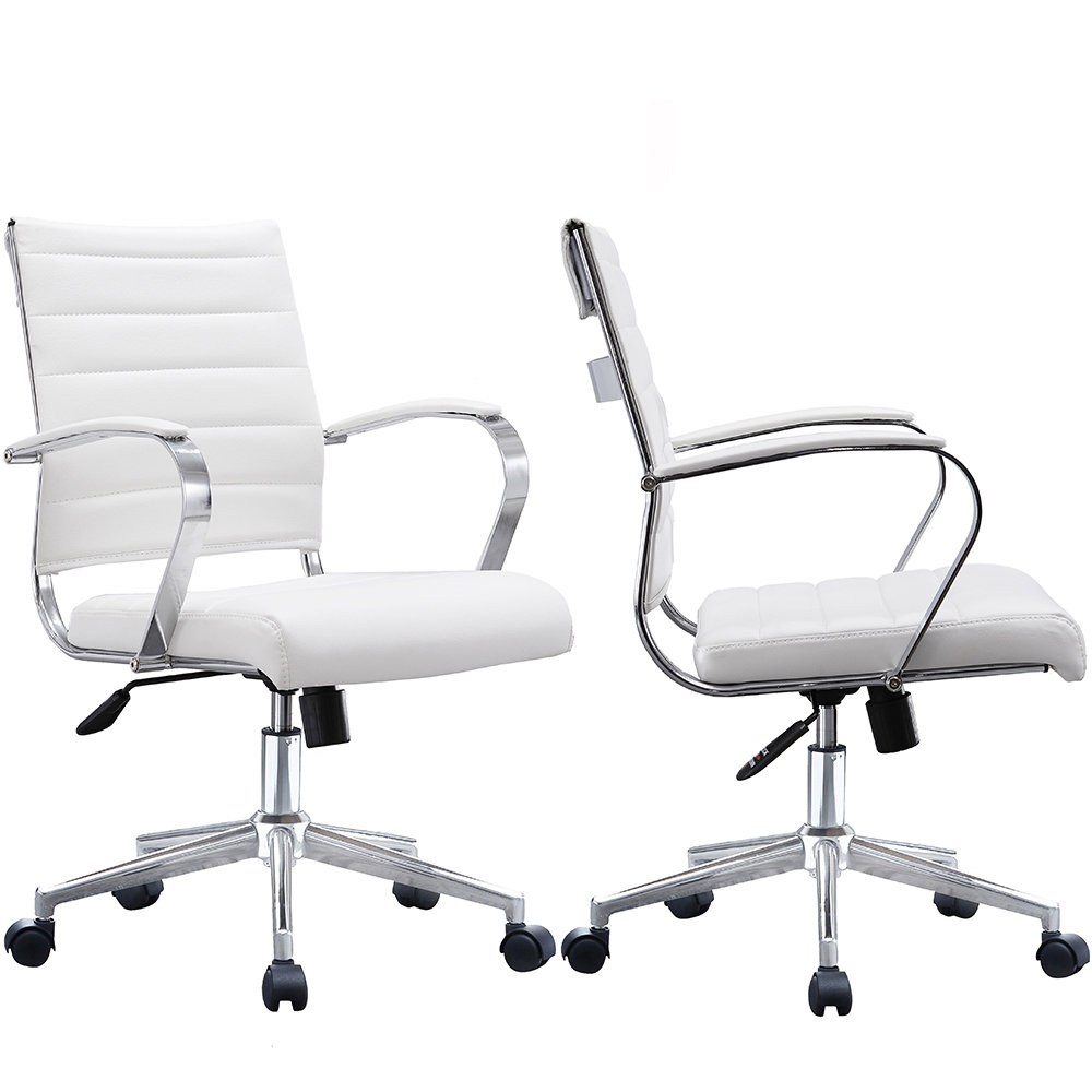 Set of 2 Office Chair Ribbed Mid Back With Wheels And Arms Chrome