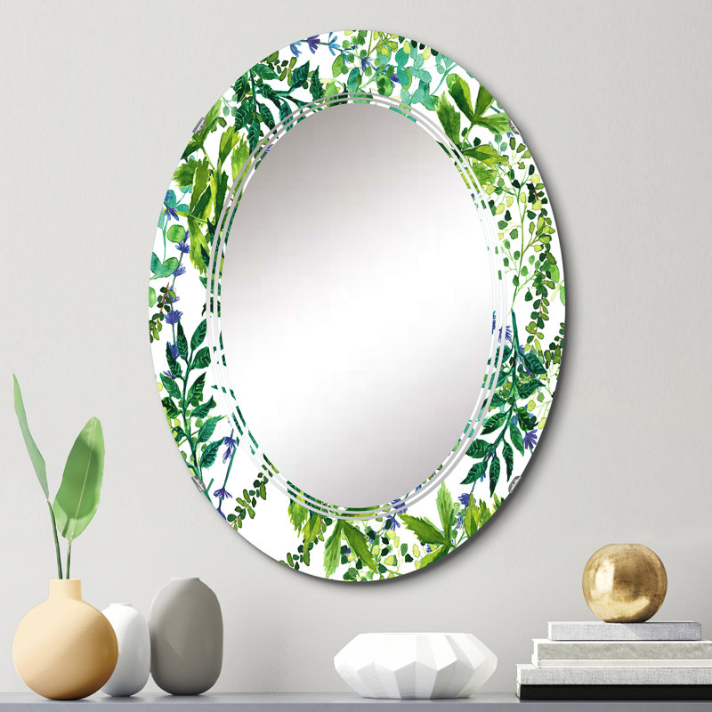 Green Herbs and Leaves On White - Miroir mural à motif ovale, 30 po x 20 po