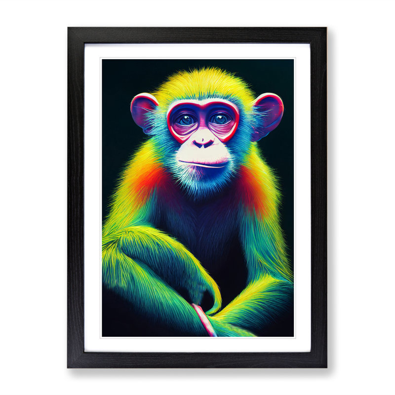 Neon Monkey No.3 - Wrapped Canvas Print, 34cm H x 25cm W x 2cm D, Black Framed