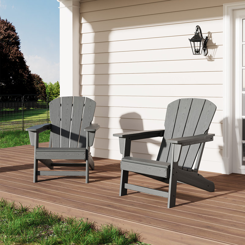 Adirondack Chairs Set of 2, Fixed Non-Folding Design, HDPE Outdoor Chair, 380 LBS Weight Capacity, Wood Grain Texture Patio Lawn Garden Backyard Deck Poolside Furniture, Gray