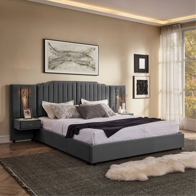 Structure de lit tapissier avec tissu en velours, conception à rayures verticales avec boutons autour du lit plateforme avec tête de lit, structure solide et table de chevet - aucun sommier nécessaire