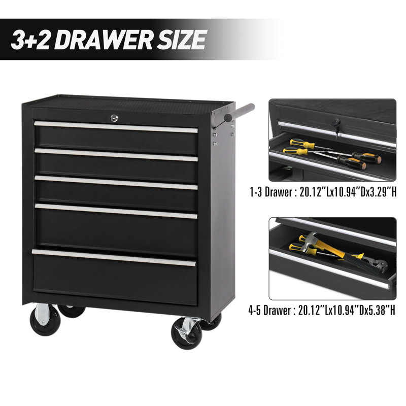 Coffre à outils à 5 tiroirs avec serrure et clé, armoire à outils avec roulettes