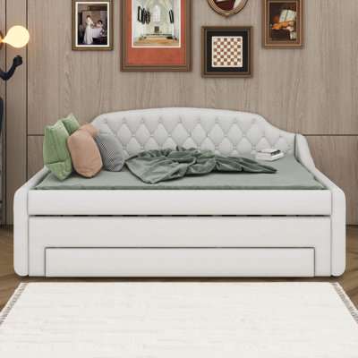 Upholstered Daybed With Trundle, Storage Drawers & LED Belt, Corner Bed Frame With Headboard