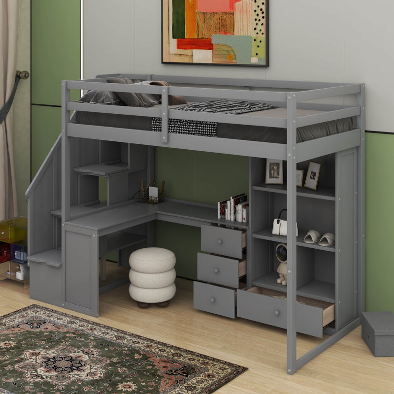 Lit mezzanine simple avec bureau en L et tiroirs, Gris