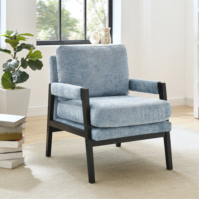 Fauteuil - style moderne Mid-Century, revêtu de chenille, base en bois, amovible, coussin rembourré contemporain