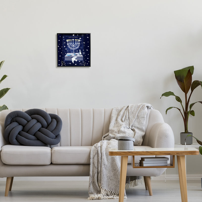 «Light & Peace Menorah Stars» encadré sur bois par Susse Linton, impression, H 12 po x l 12 po x P 1,5 po